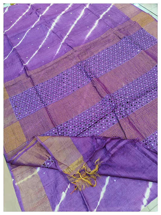 Tussar with cutwork-Purple