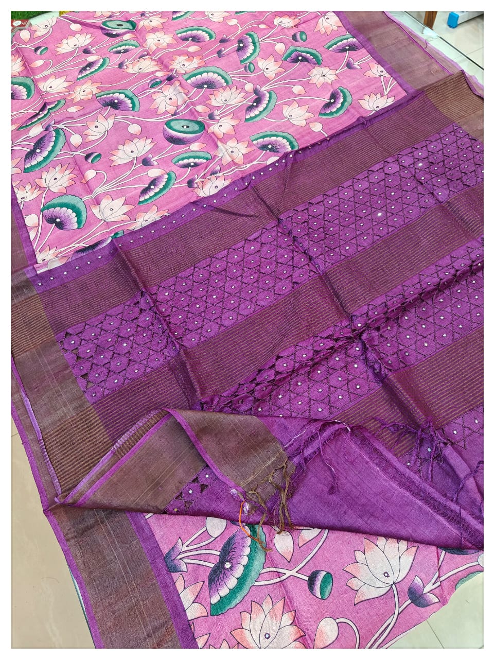 Tussar with cutwork-Violet