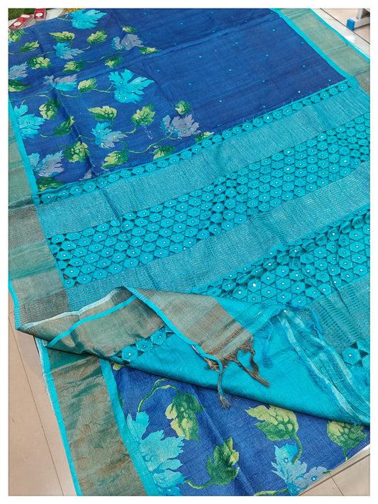 Tussar with cutwork-Blue